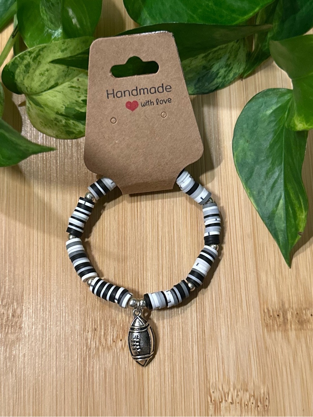🏈✨ Football Stretchy Beaded Bracelet | Handmade | Silver Football Dangle Charm